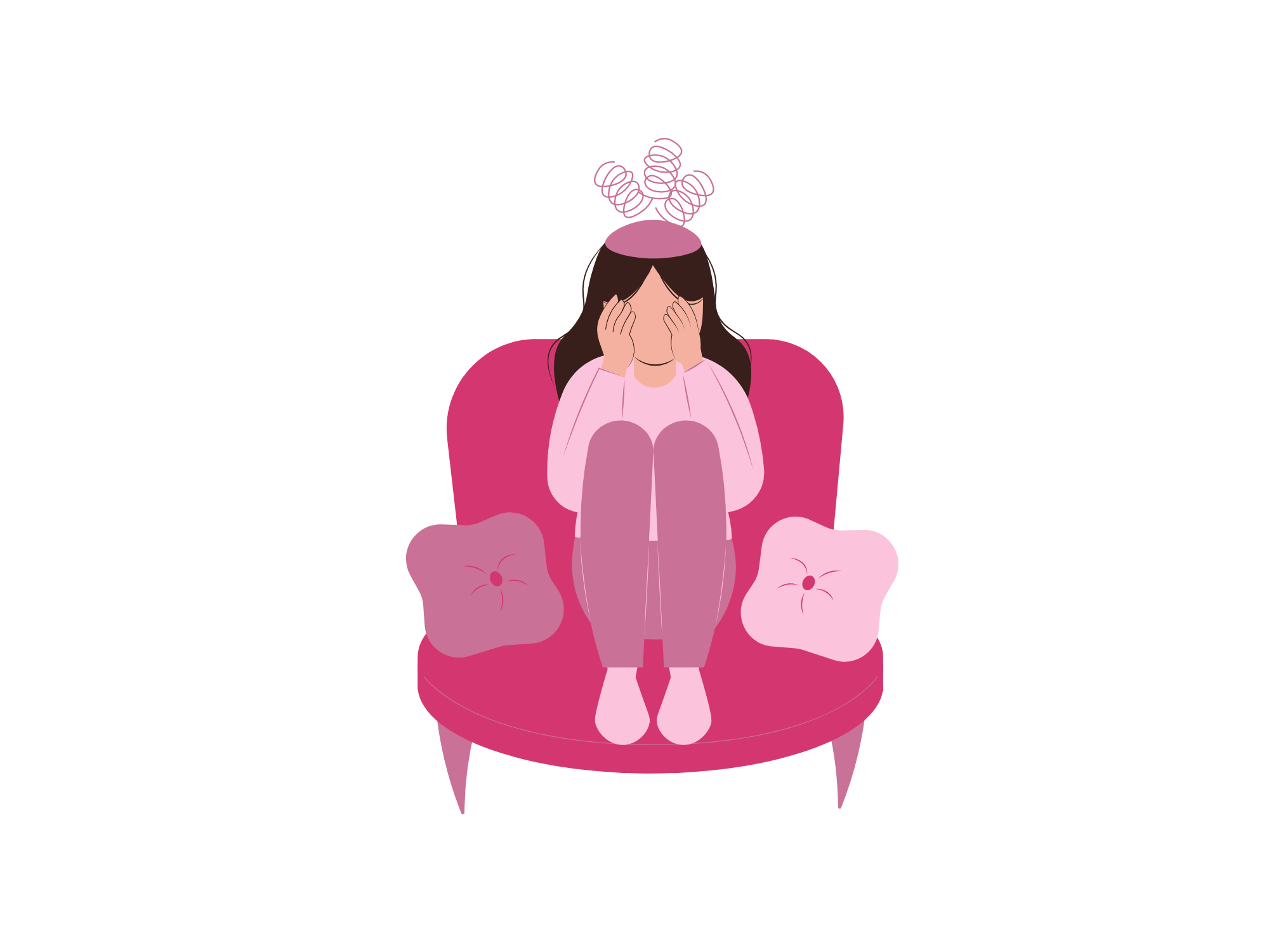illustration of women sitting in a chair with her head in her hands and springs coming out of her head. Image describes the feeling of anxiety and depression