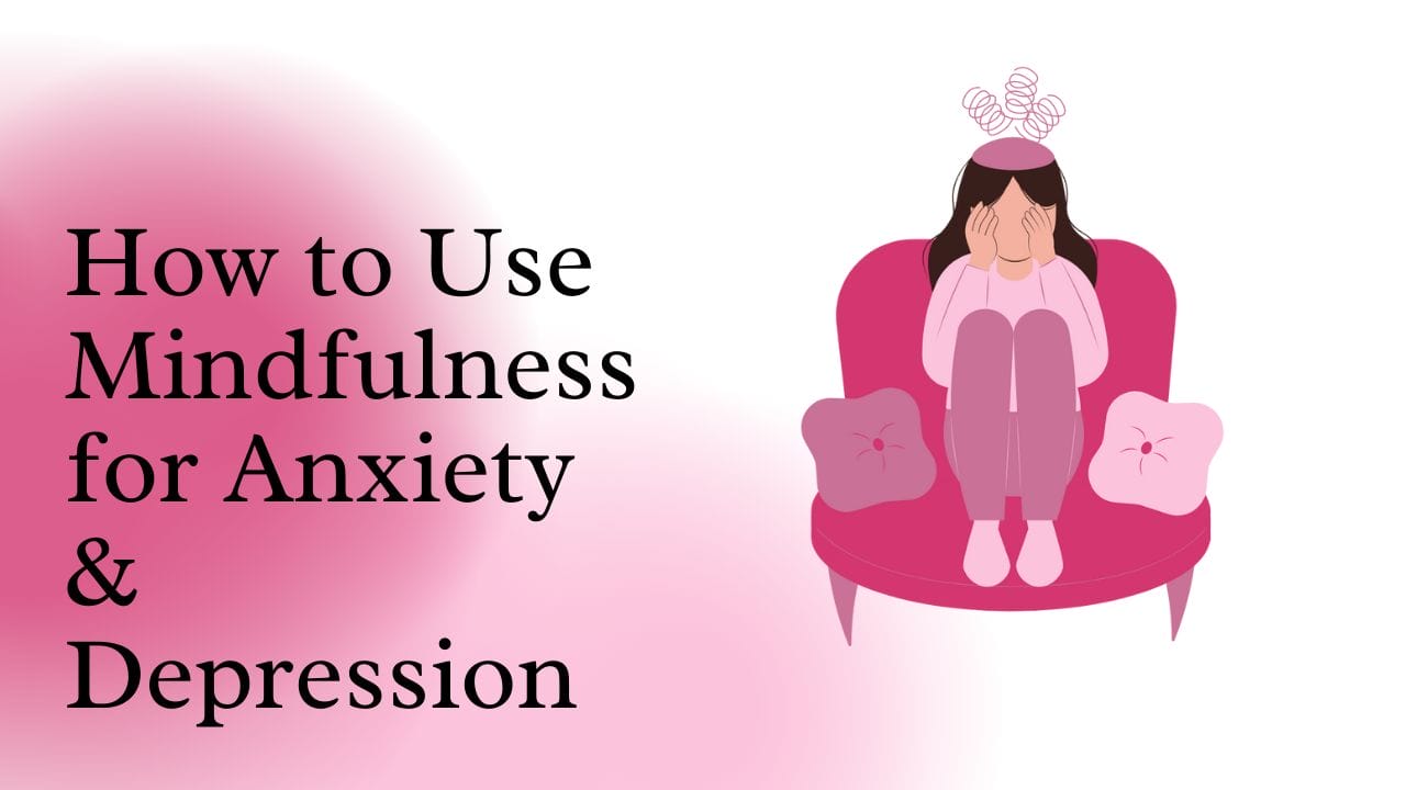 Mindfulness for anxiety and depression. Image contains drawing of person sitting in a chair with their head in their hands