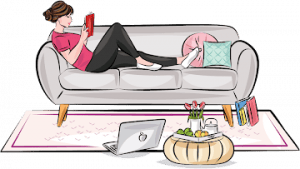 Illustration of a woman lounging on a couch reading a book